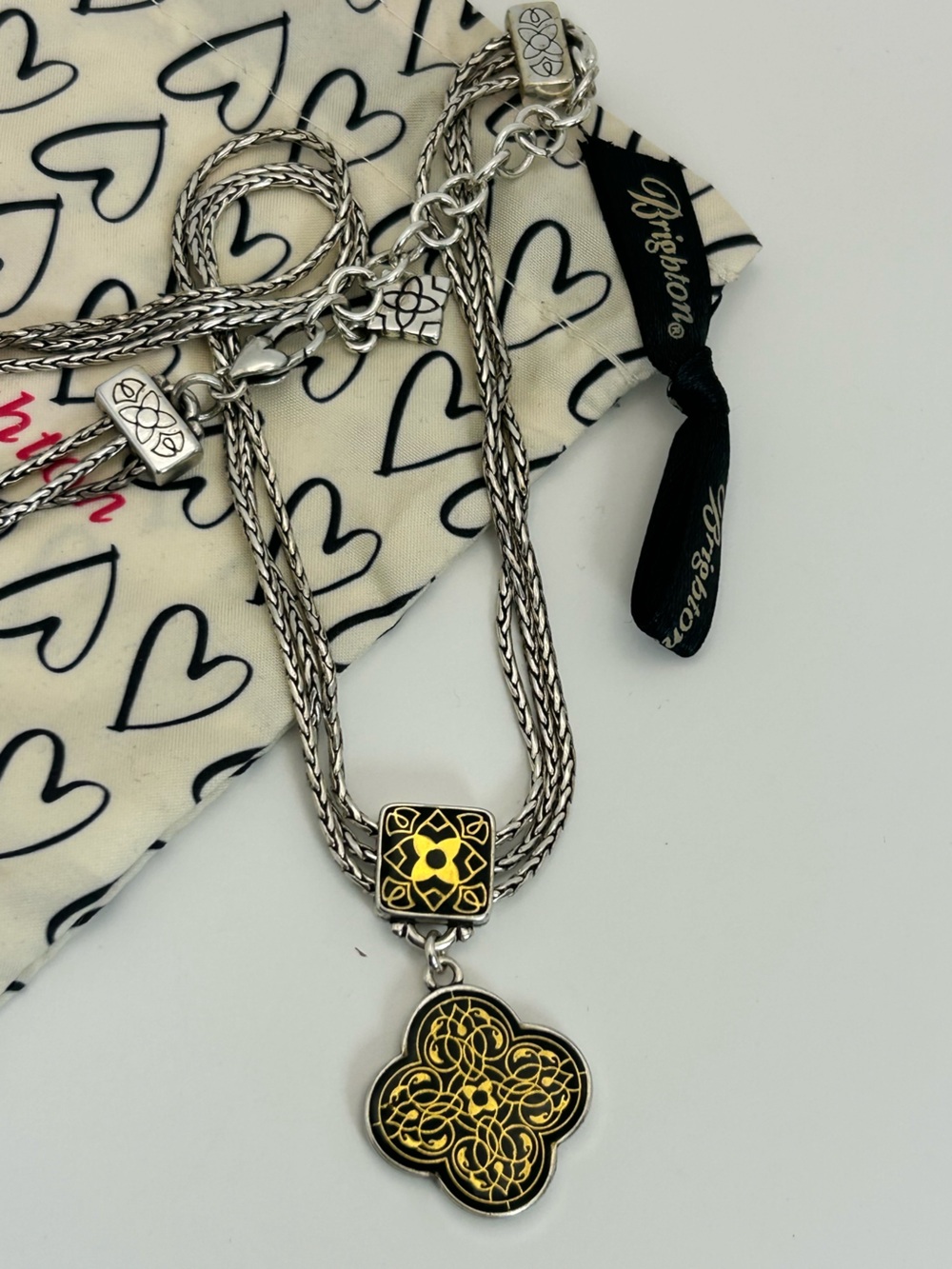 Brighton Alhambra Triple Strand Necklace 18" Silver Plated Reversible & Pouch